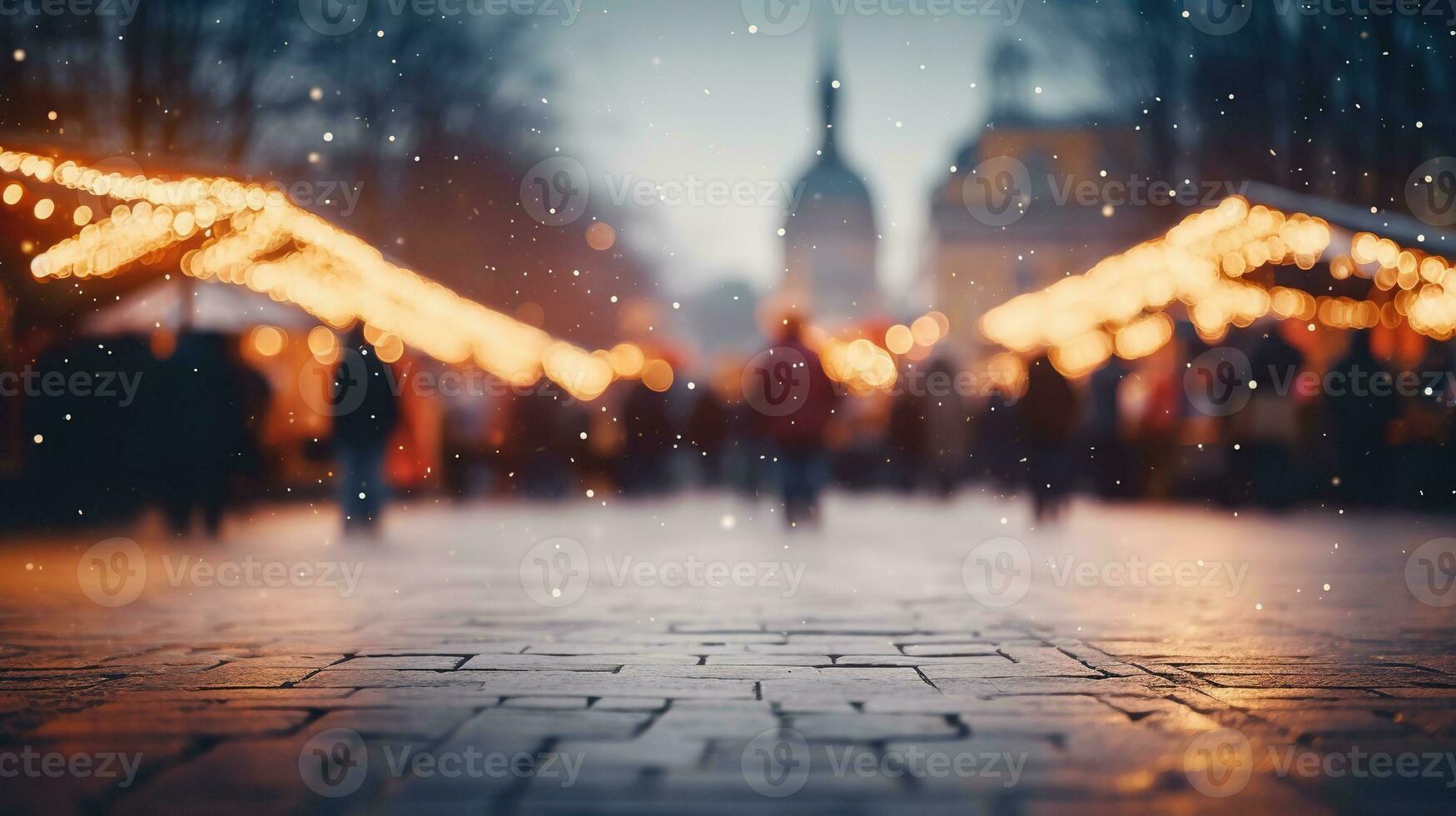 generatief ai, Kerstmis eerlijk wazig achtergrond, winter straat markt in Europa foto