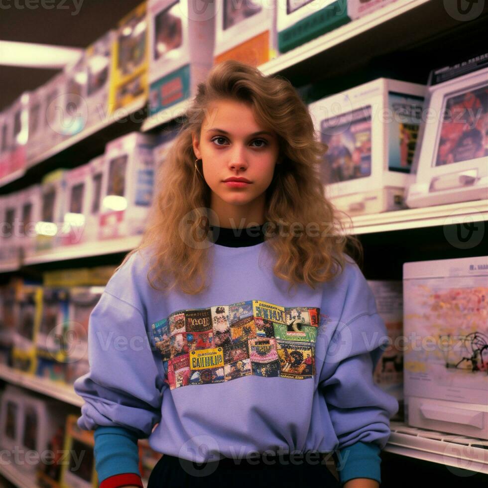 generatief ai, tiener portret in stijl 90s of jaren 80, retro mode, wijnoogst kleuren foto