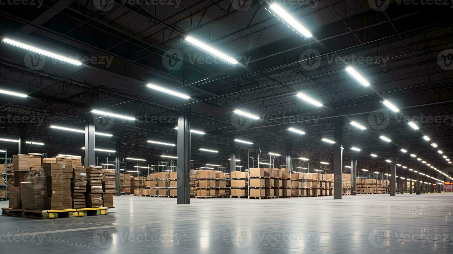 generatief ai, magazijn interieur met LED verlichting, industrie gebouw, distributie kleinhandel centrum, een deel van opslagruimte en Verzending systeem. foto