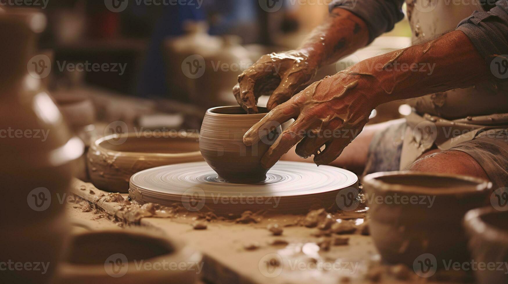 generatief ai, handen met klei maken van een keramisch pot in de pottenbakkerij studio, hobby en vrije tijd concept foto