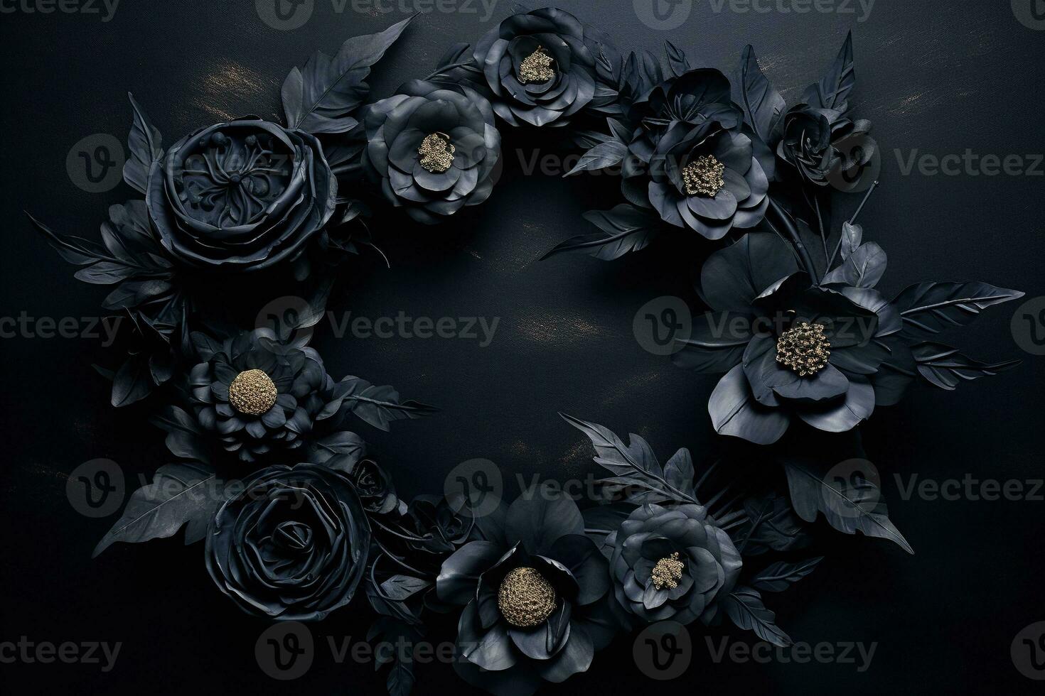 generatief ai, dichtbij omhoog lauwerkrans, bloeiend bloemperken van verbazingwekkend zwart bloemen Aan donker humeurig bloemen getextureerde achtergrond. foto