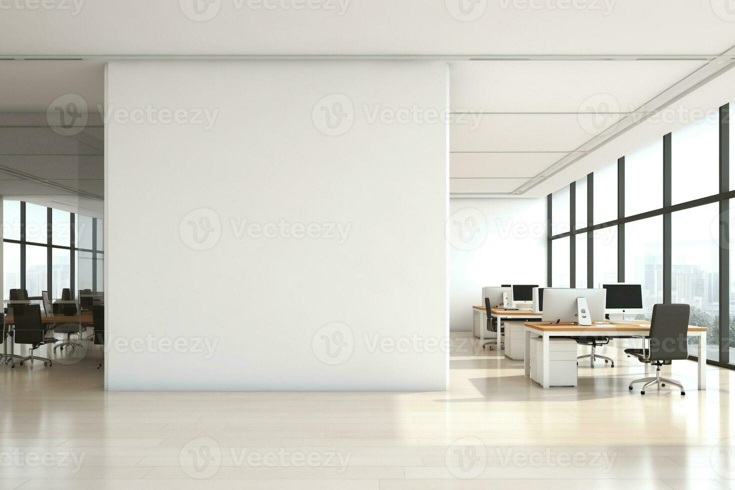 een leeg kantoor met een groot venster en wit muren ai generatief foto