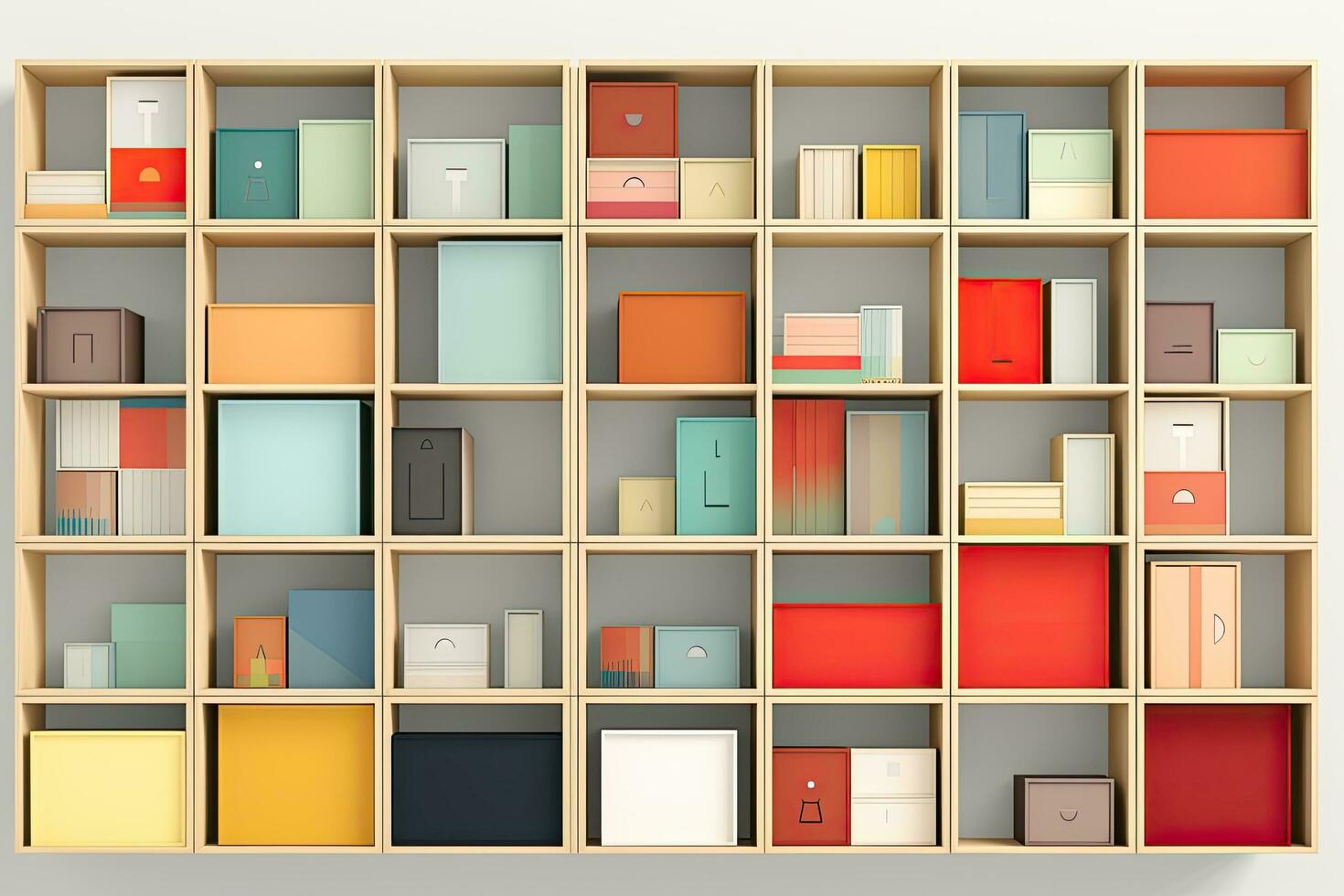 3d weergegeven illustratie van een boekenplank met kleurrijk mappen. rangschikking van genest dozen, de dozen zijn geregeld in een natuurlijk manier, elk met een inhoud rijk Oppervlakte, ai gegenereerd foto