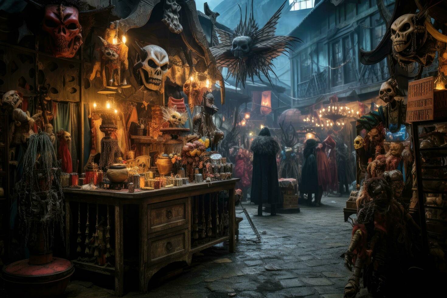 traditioneel carnaval maskers in de oud stad- van rouen in Normandië, Frankrijk, 3d halloween kostuum winkel, grotesk schepsels dat mengsel naadloos met hun kostuums, ai gegenereerd foto