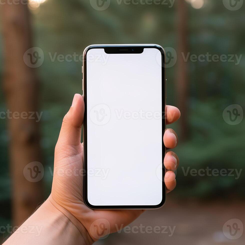 ai generatief hand- Holding de wit scherm smartphone foto