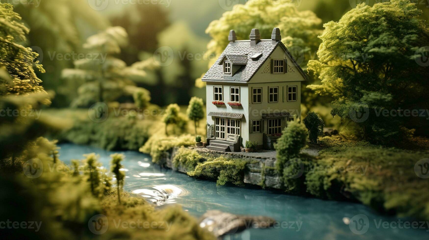 ai generatief miniatuur huis in Woud met bomen en rivier- miniatuur foto