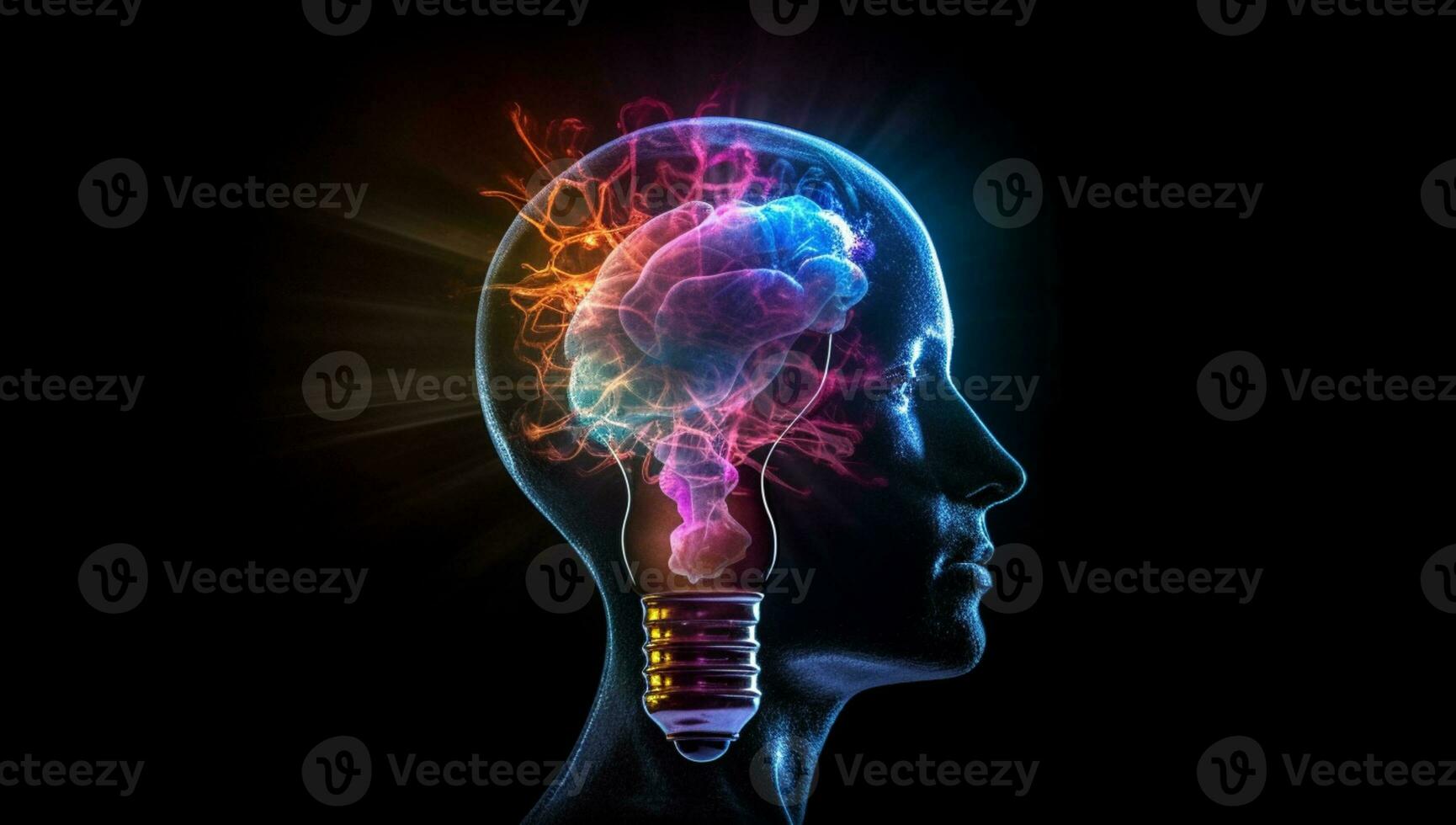 cerebraal verlichting - unie van geest en creativiteit in de lamp van gedachte. briljant ideation - licht uw geest met vernieuwend ideeën generatief ai, foto