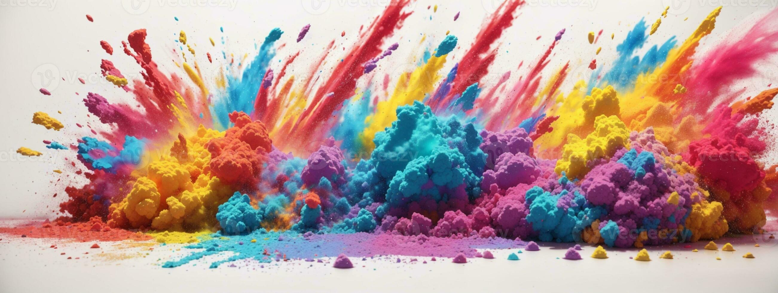 kleurrijk regenboog holi verf kleur poeder explosie geïsoleerd wit breed panorama achtergrond. ai gegenereerd foto