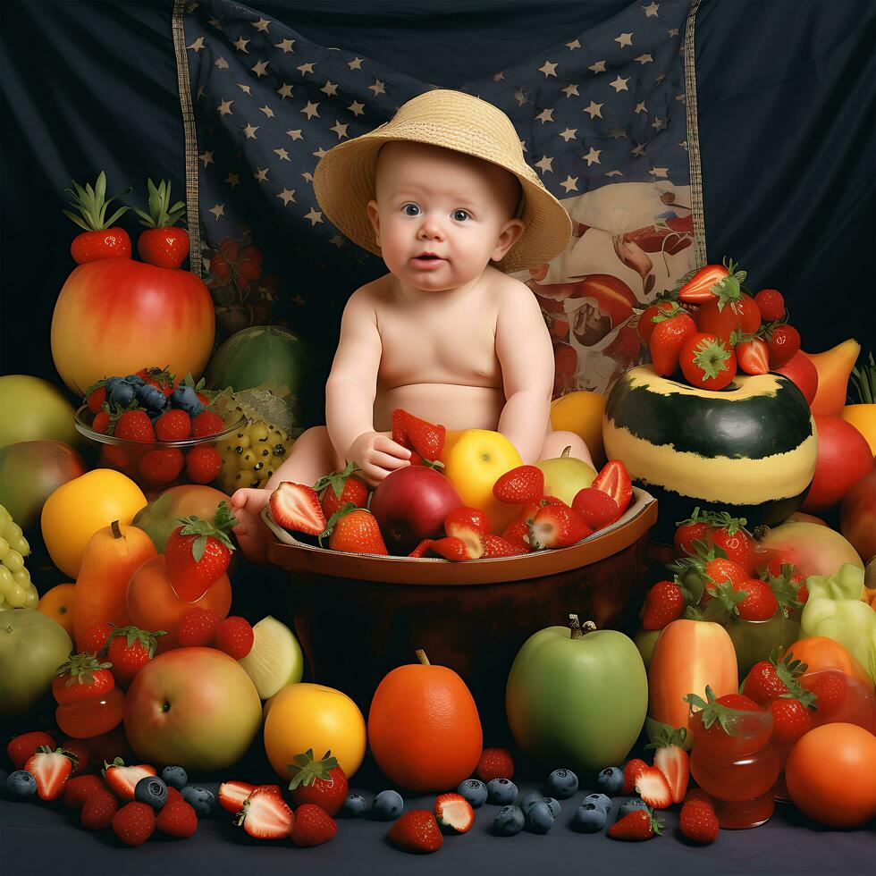 baby en gezond fruit boodschappen doen metalen mand met appels foto