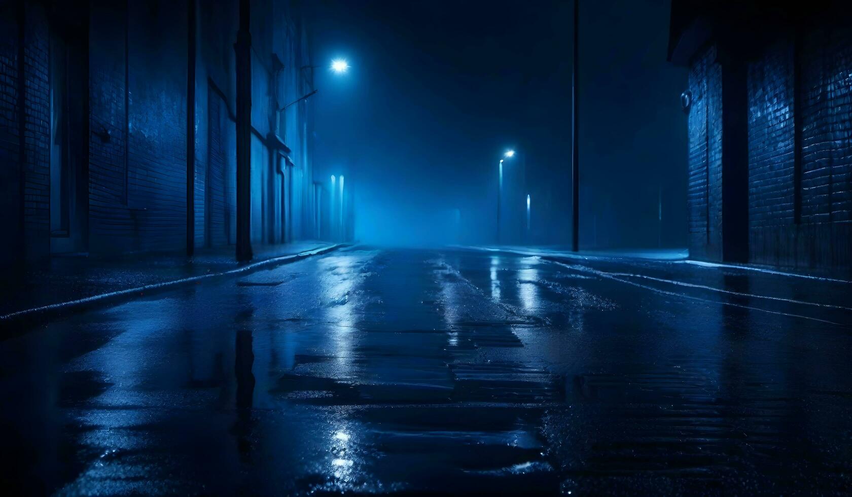 donker straat, nat asfalt abstract donker blauw achtergrond, leeg donker tafereel, neon licht. ai generatief foto