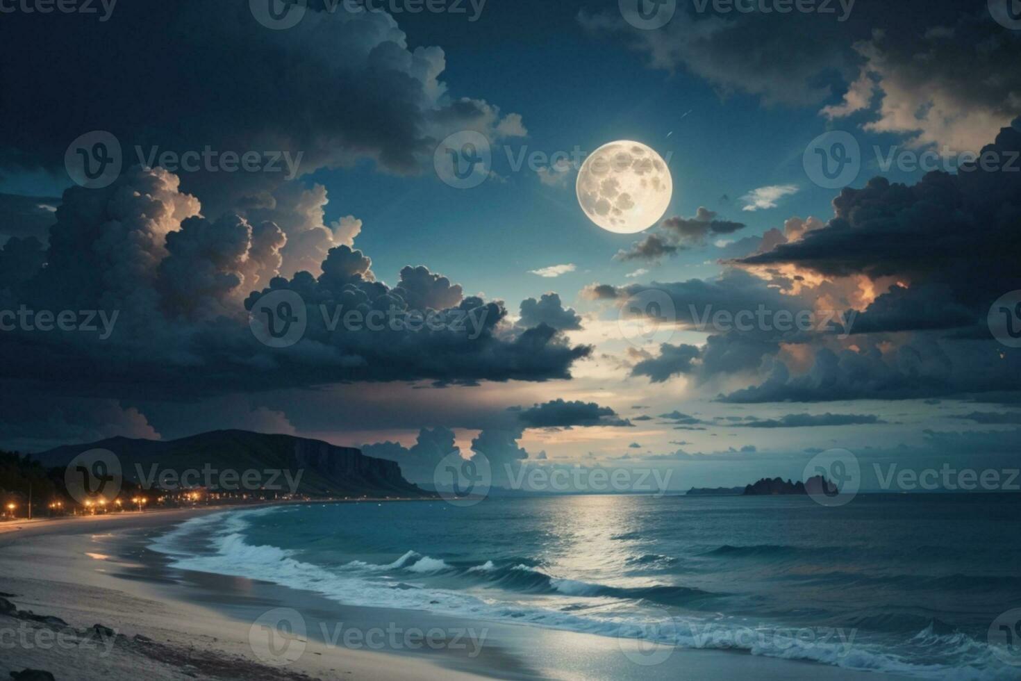 romantisch en toneel- panorama met vol maan Aan zee naar nacht. ai gegenereerd foto