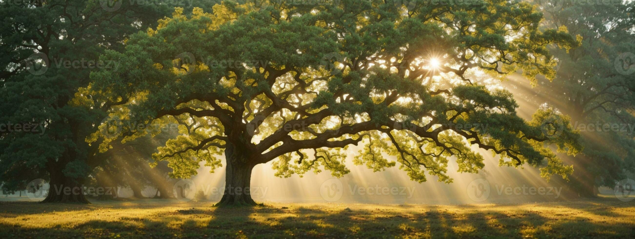 oud eik boom gebladerte in ochtend- licht met zonlicht. ai gegenereerd foto