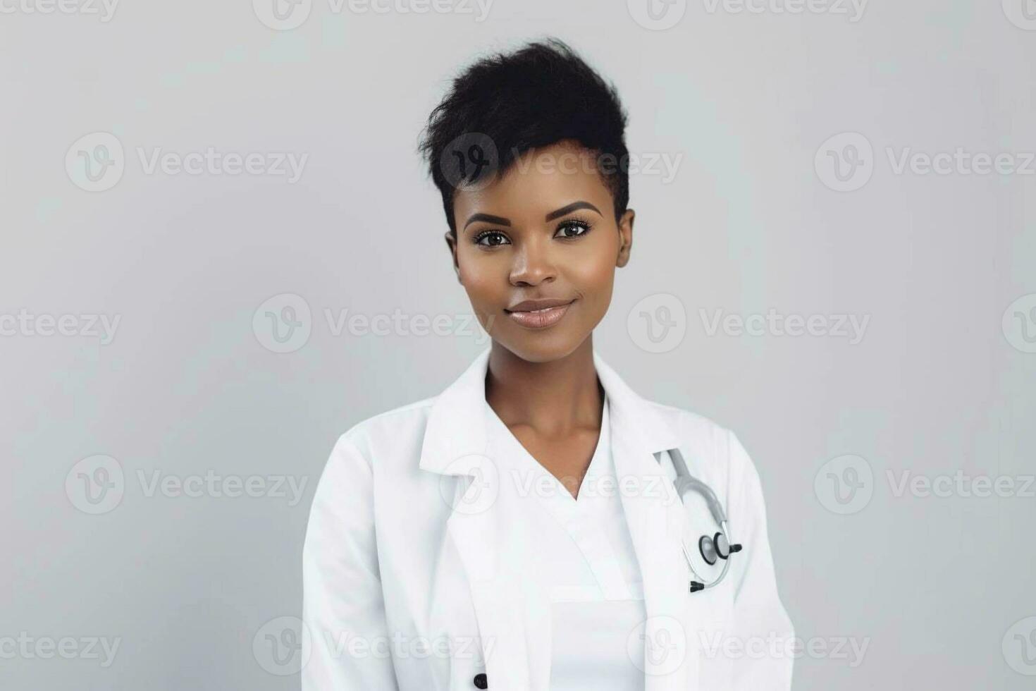 portret van een mooi jong meisje dokter in een wit jas. ze looks vriendelijk en glimlacht. wit achtergrond. foto