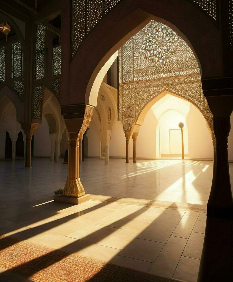 ai gegenereerd. ai generatief - geestelijk kalmte - Islamitisch gebed temidden van verlichte architectuur foto