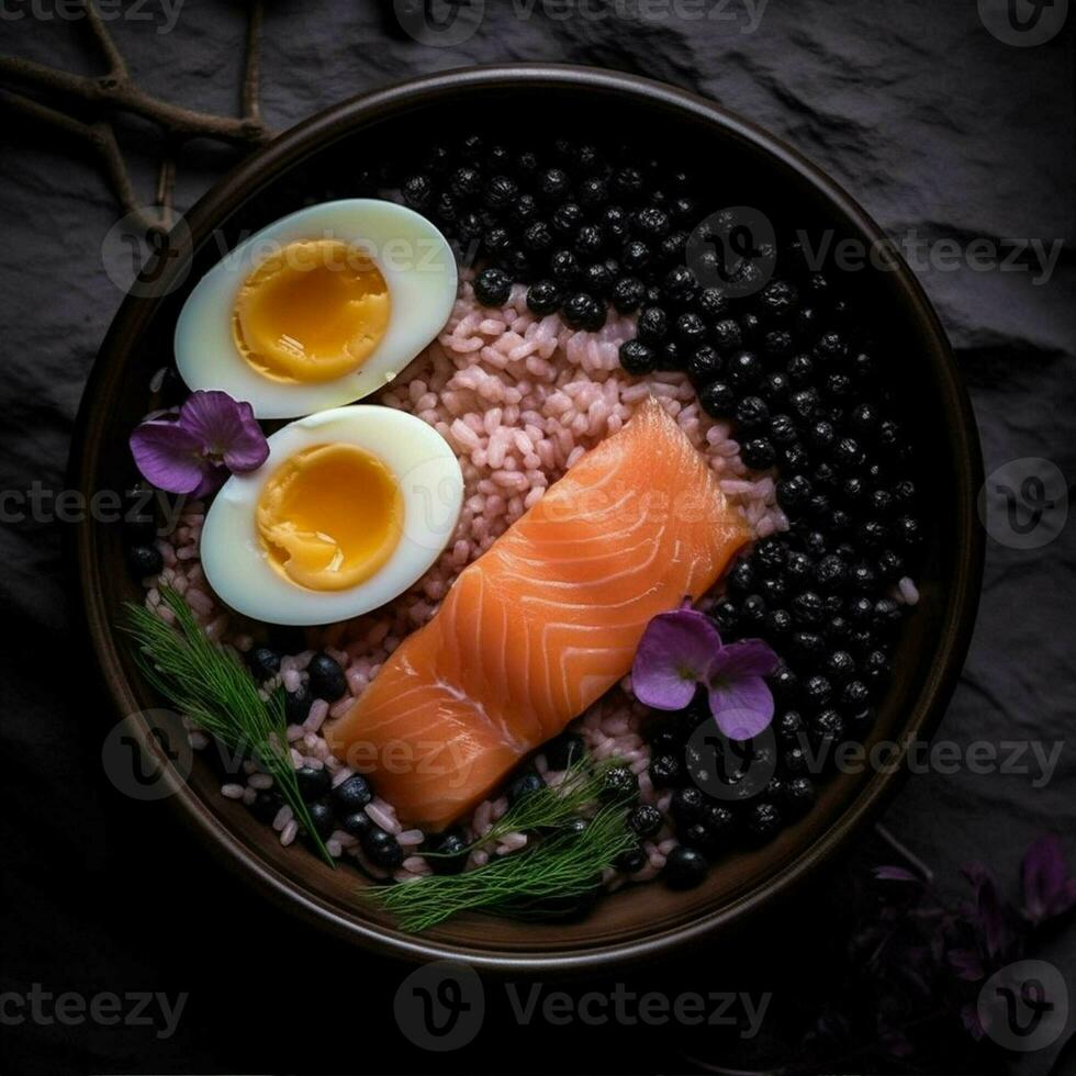 heerlijk maaltijd van verschillend , ei, Zalm, granen tomaten, sesam zaden en zeewier in zwart bord, Aziatisch keuken. generatief ai. foto