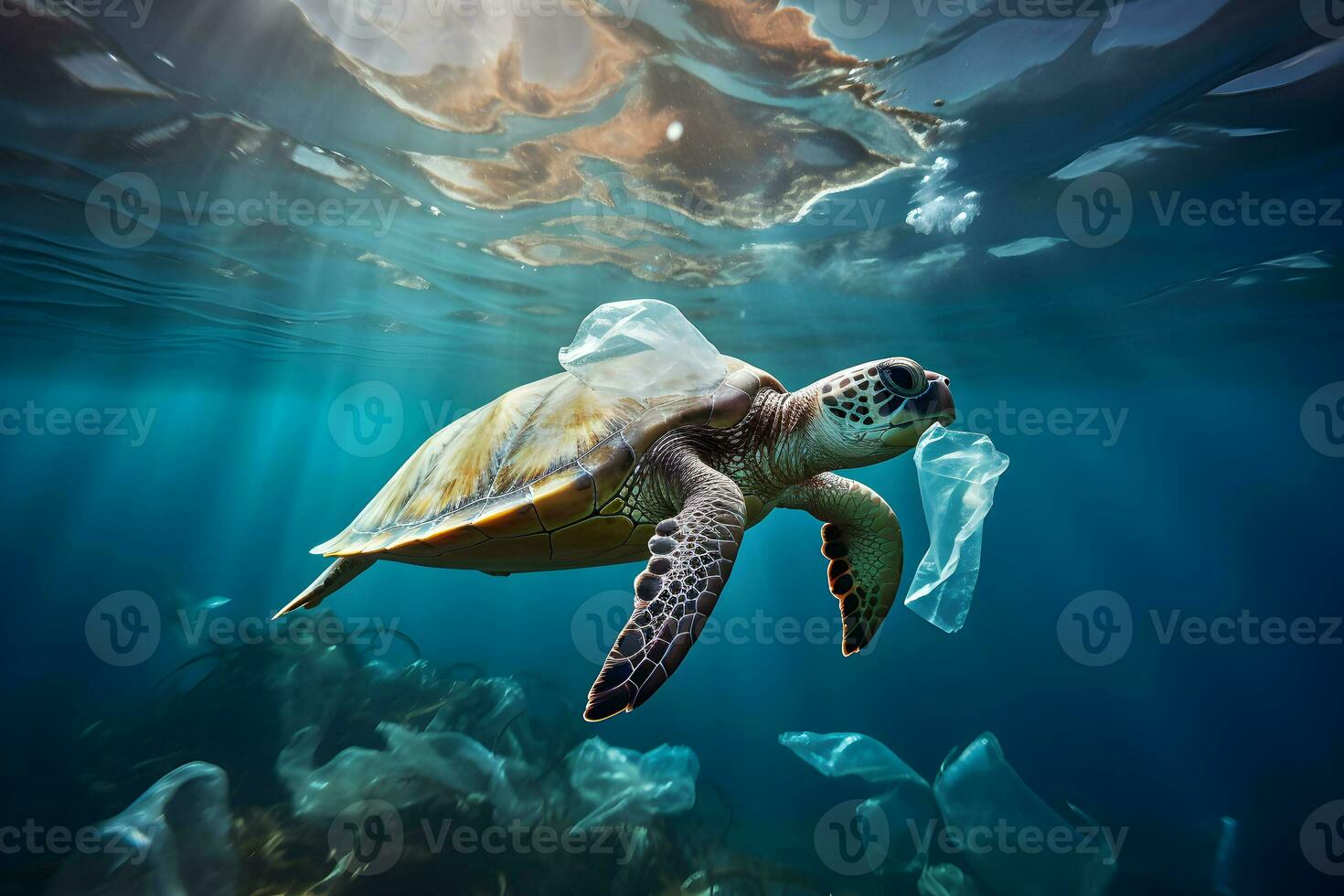 een schildpad aan het eten plastic tas. plastic verontreiniging in oceaan, water milieu probleem, vuilnis zee. illustratie, generatief ai foto