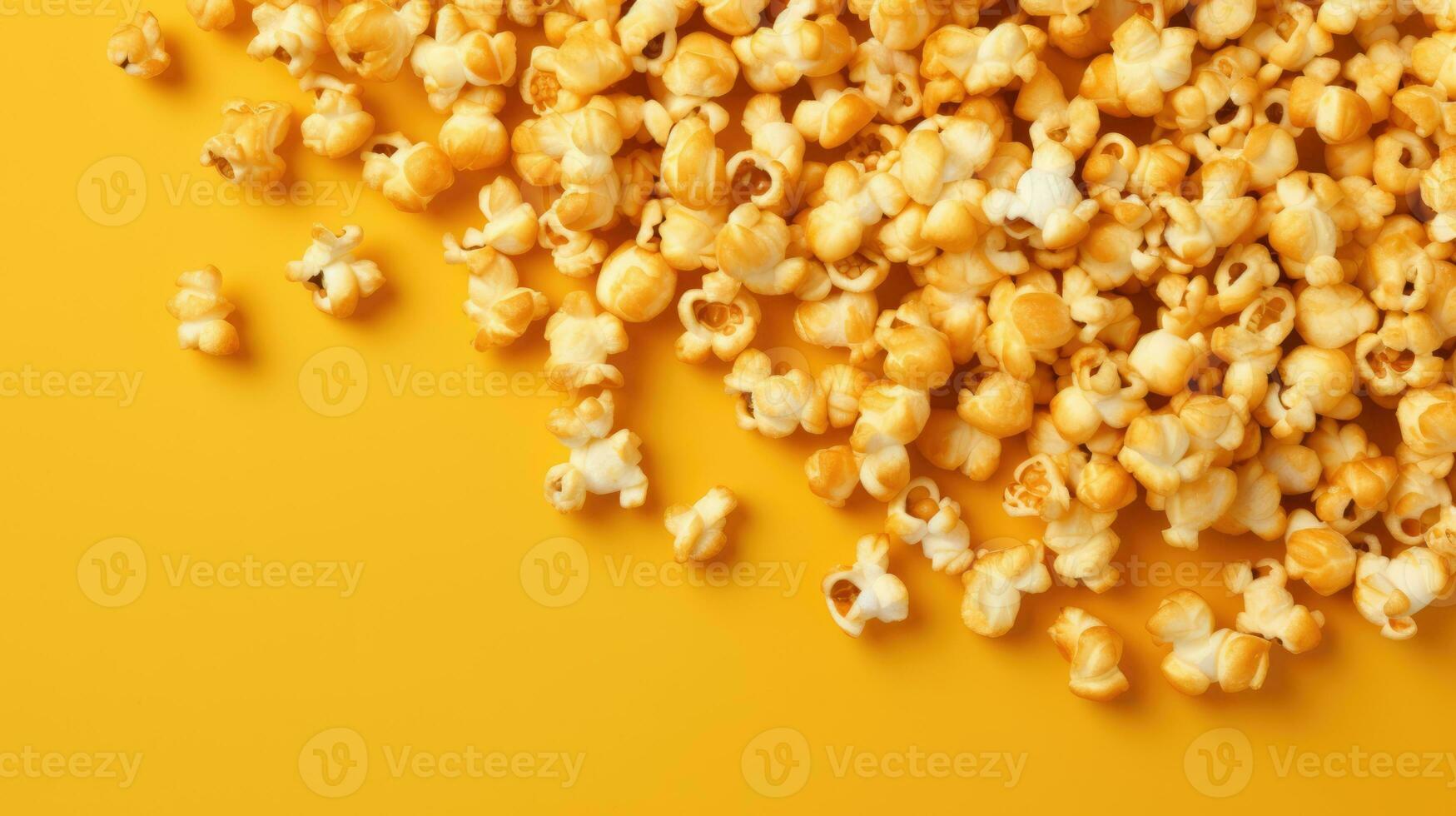 verspreide popcorn in karamel Aan een geel achtergrond. banier voor bioscoop foto