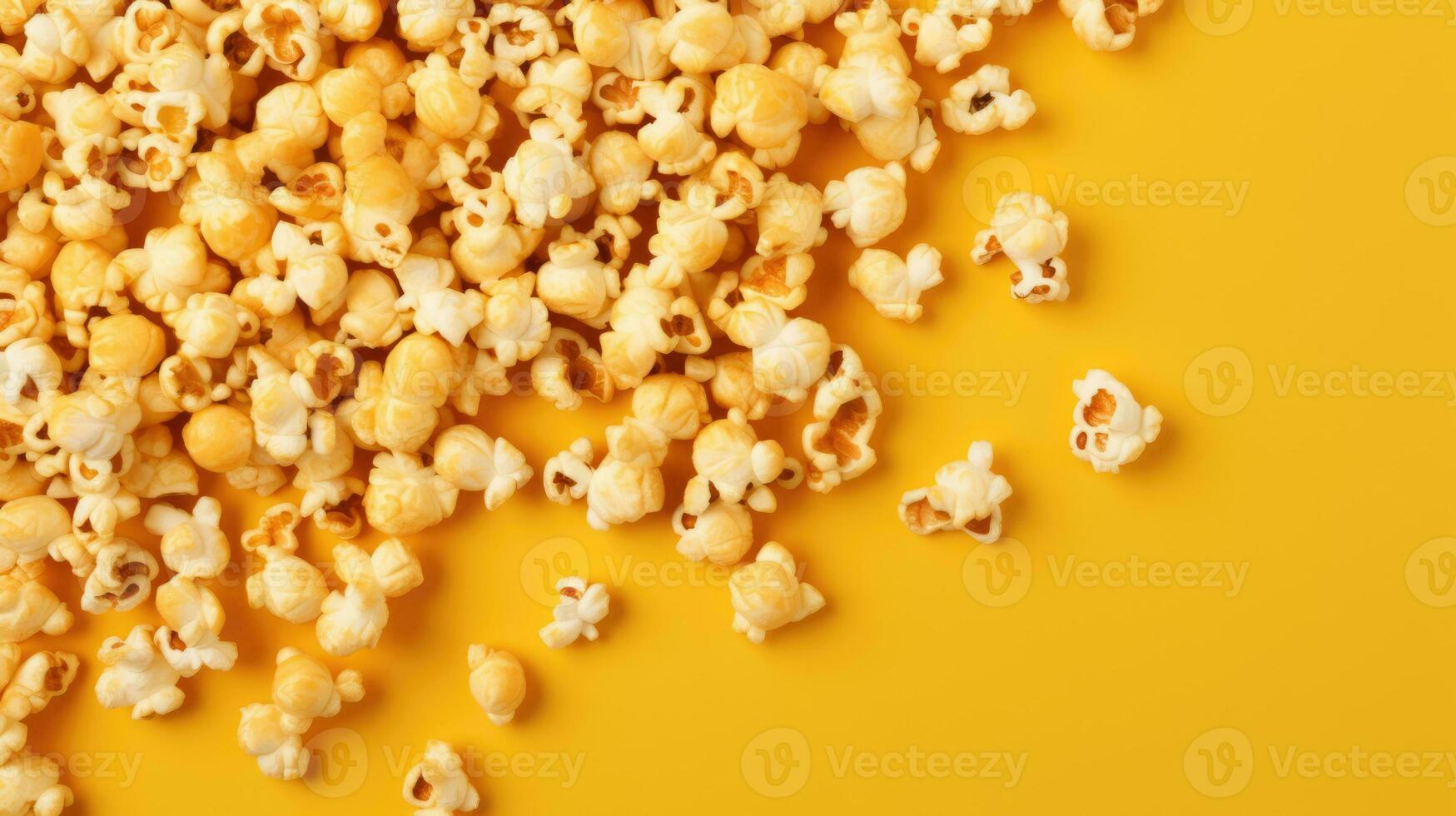 verspreide popcorn in karamel Aan een geel achtergrond. banier voor bioscoop foto