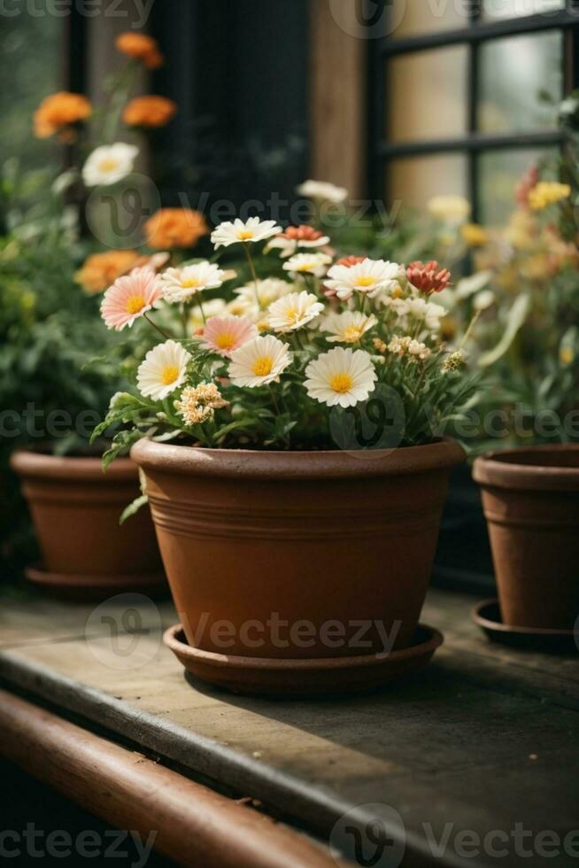 bloem natuur tuin plantkunde madeliefje bloeien pot. ai gegenereerd foto