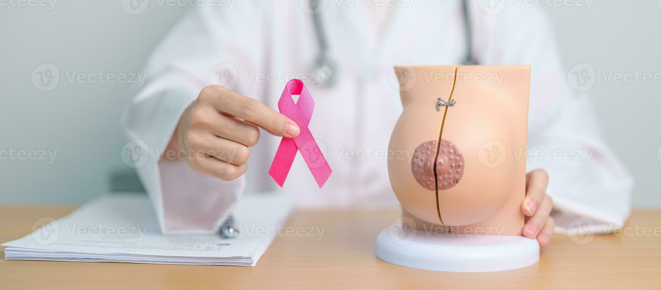 roze oktober borst kanker bewustzijn maand, dokter vrouw met roze lint en borst anatomie model. nationaal kanker overlevenden maand, Gezondheid diagnose, moeder en wereld kanker dag concept foto