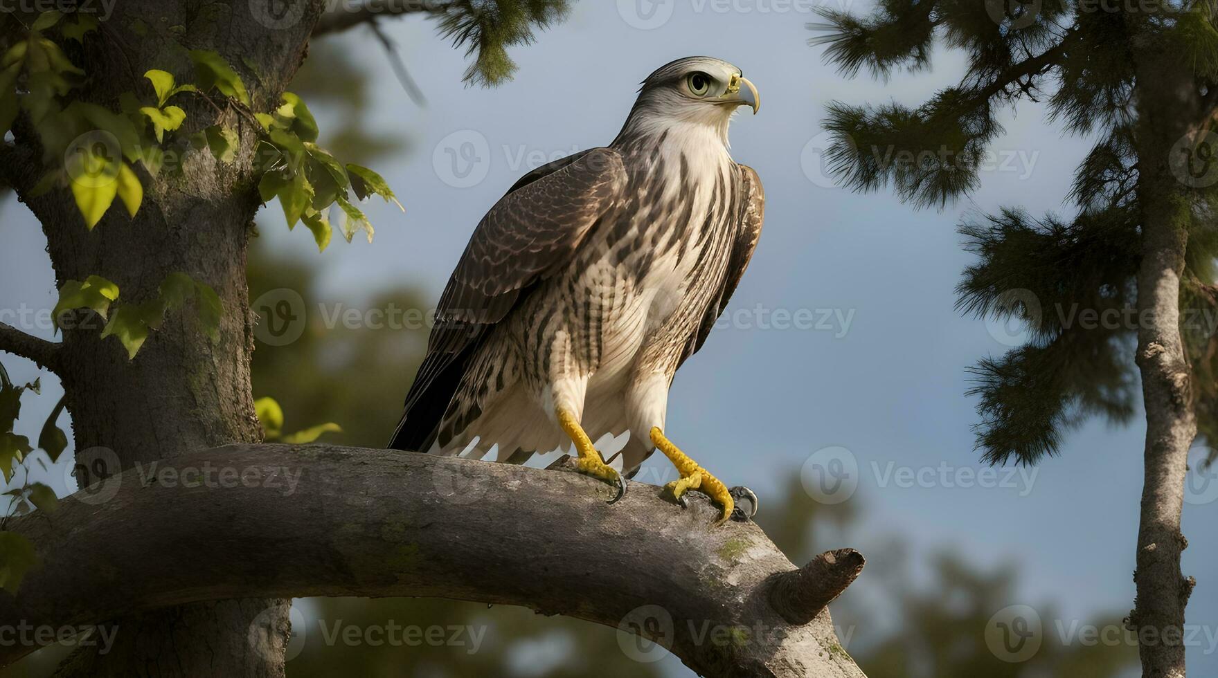 betoverend stuiten op met een bijzonder vogel van prooi, een majestueus jager neergestreken hoog in de groen overkapping. ai gegenereerd foto