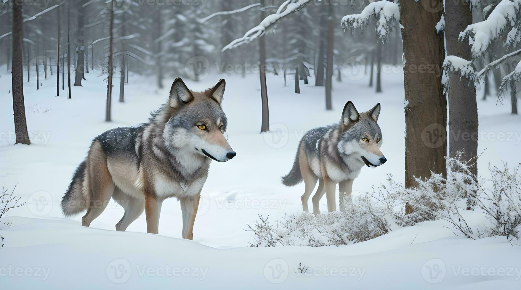 een boeiend fotograaf van een paar- van majestueus wolven in de sereen omhelzing van een besneeuwd wildernis. ai gegenereerd foto