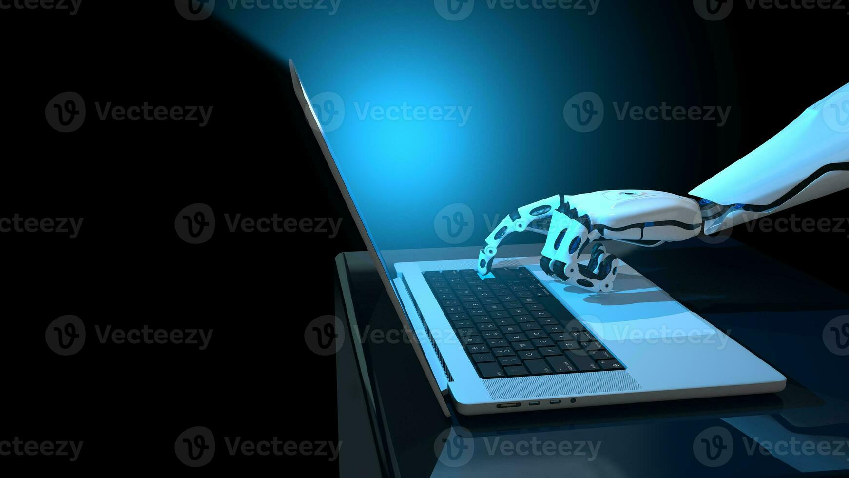 wit menselijk vormig robot hand- drukken een sleutel van een aluminium laptop met blauw licht Aan reflecterende blauw bureau. 3d illustratie foto