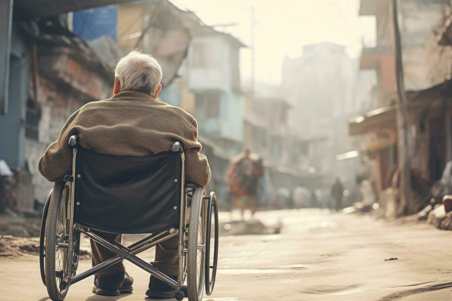 oud Mens in een rolstoel Aan de straat in katmandu, Nepal, een oud Mens is zittend in een rolstoel Aan een wandelen in de stad, achterzijde visie, ai gegenereerd foto