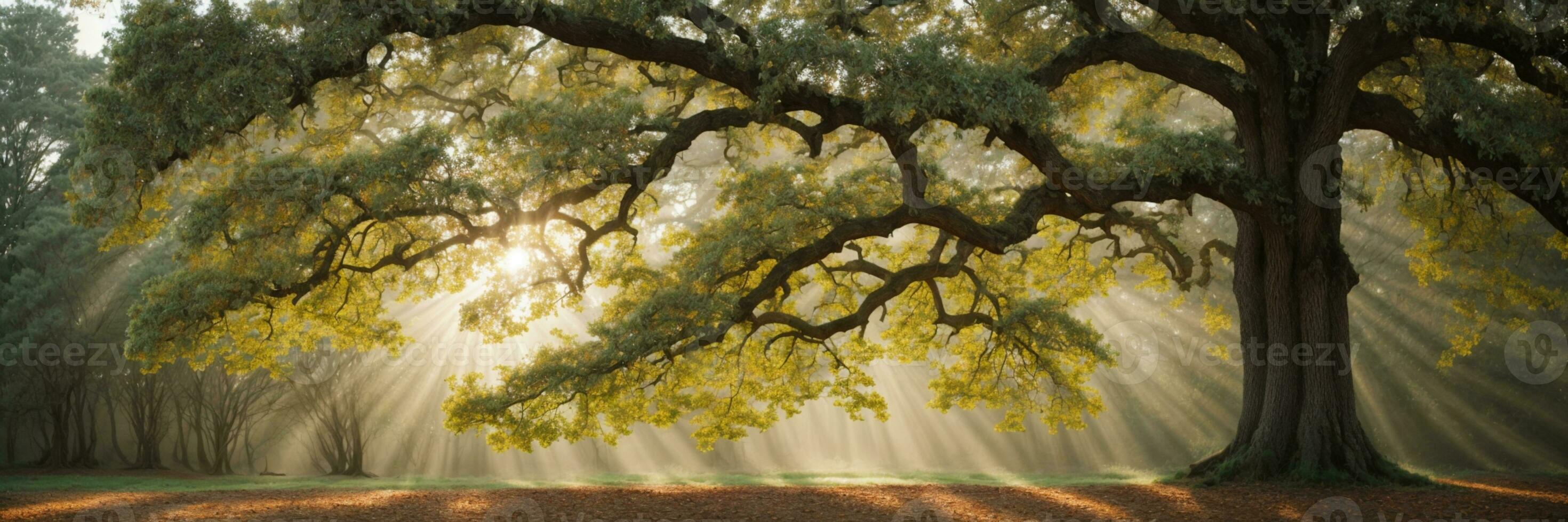 oud eik boom gebladerte in ochtend- licht met zonlicht. ai gegenereerd foto