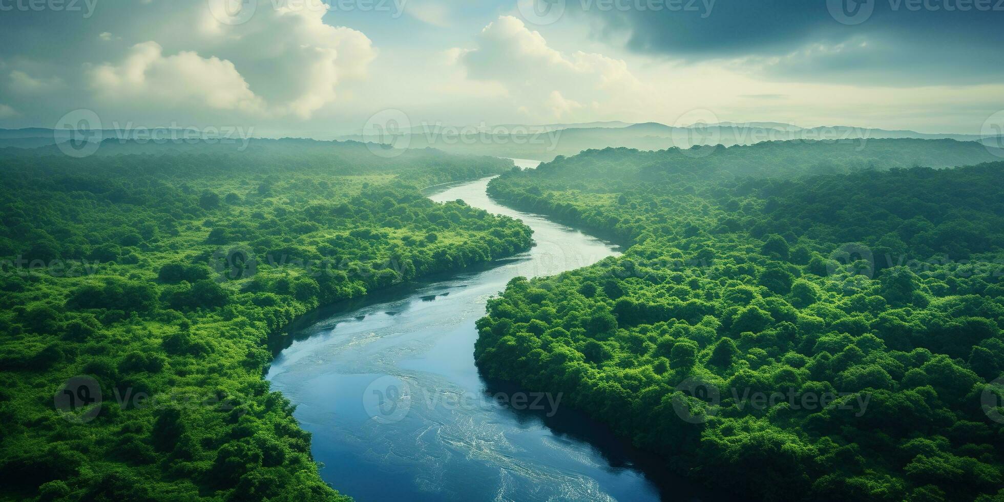 generatief ai, groen mooi amazone oerwoud landschap met bomen en rivier, dar visie foto