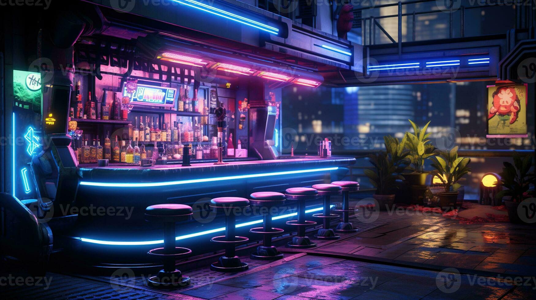 generatief ai, cyberpunk stijl bar of cafe. nacht tafereel van groot stad, futuristische nostalgisch jaren 80, jaren 90. neon lichten levendig kleuren, fotorealistisch horizontaal illustratie. foto