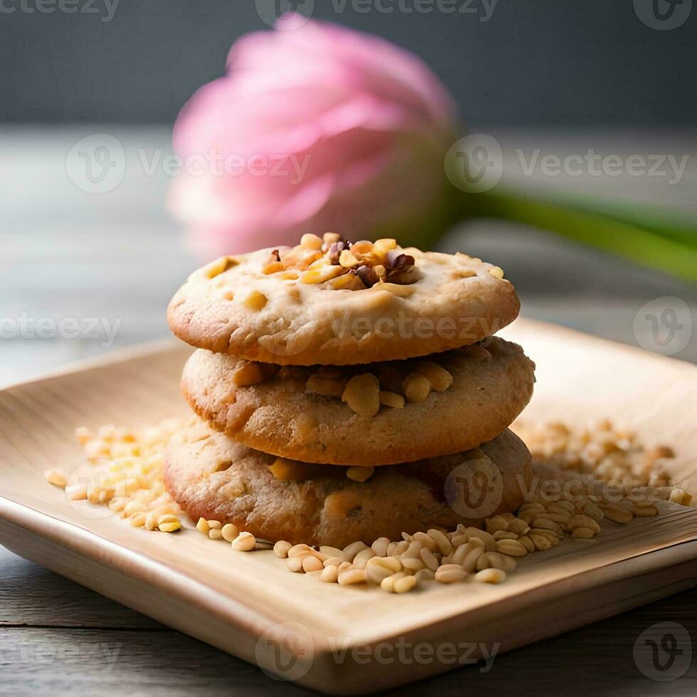 biscuits met kleurrijk toppings van divers smaken, geserveerd Aan een bord Aan een duidelijk en natuurlijk achtergrond, Super goed voor merken, restaurants, bedrijven, voedsel ondernemingen. de concept van generatief ai foto