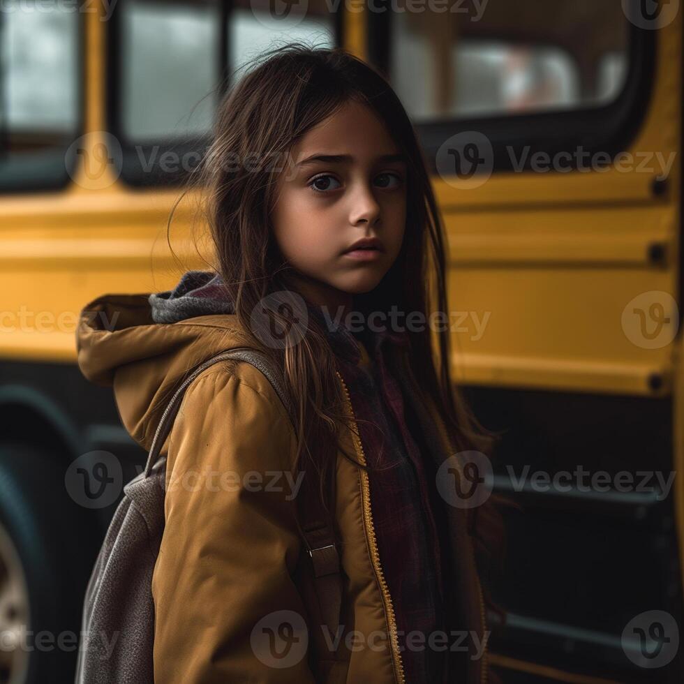 weinig kind school- meisje en bus. generatief ai foto