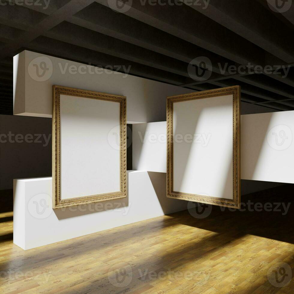 een paar van wijnoogst houten kader mockup poster lit door zonlicht in de kunst galerij foto