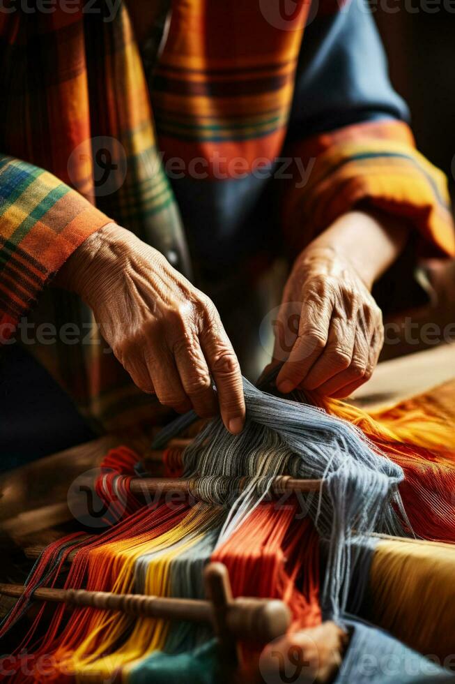 ambachtelijk het weven Aan traditioneel handgeweven geïsoleerd Aan een helling achtergrond foto
