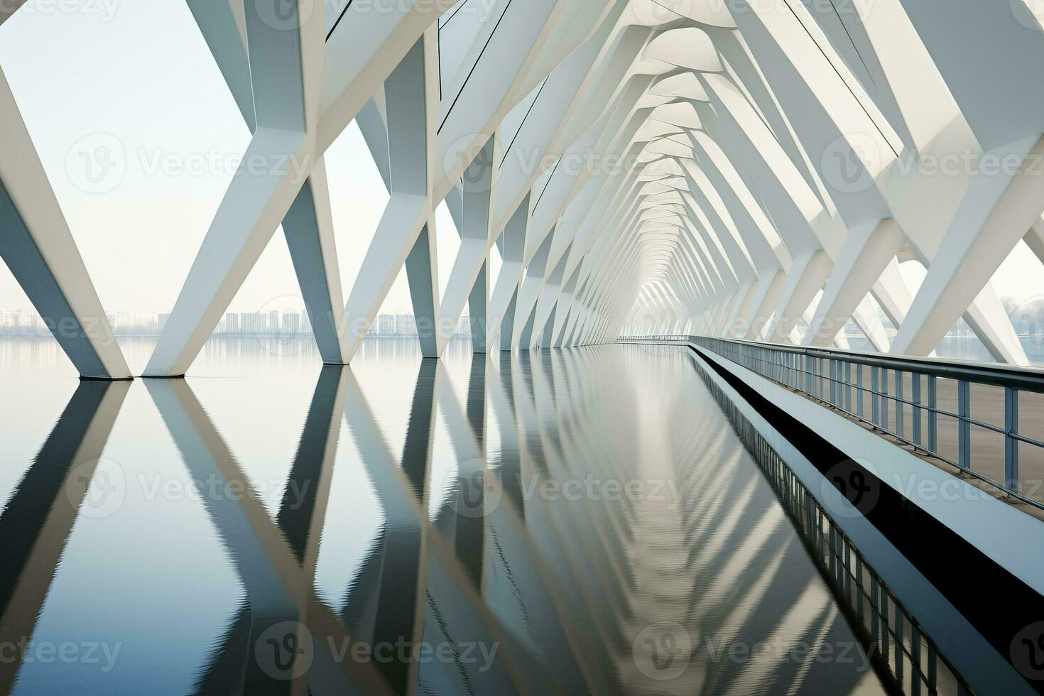 meetkundig eenvoud ingelijst binnen de schoon lijnen van modern brug architectuur foto