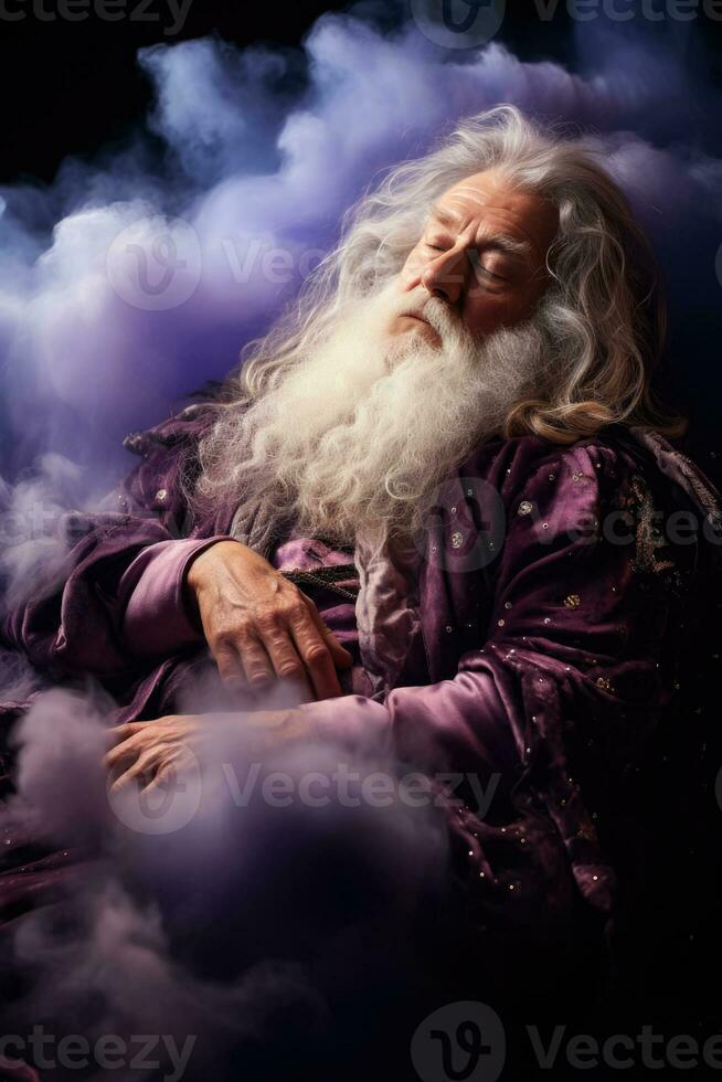 een ouderen tovenaar resting Aan een pluizig wolk geïsoleerd Aan een Purper helling achtergrond foto