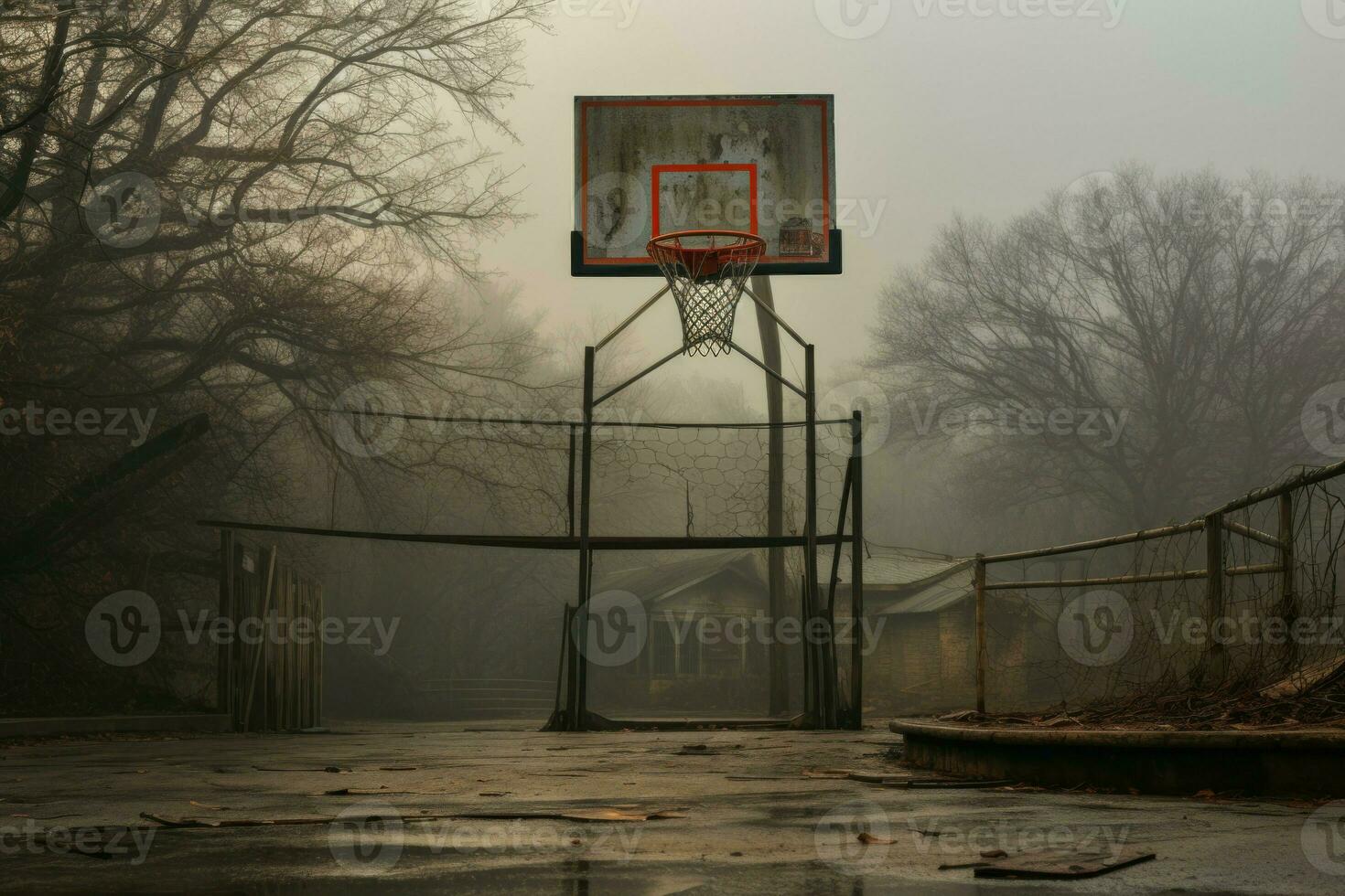 helder basketbal rechtbank buitenshuis mistig. genereren ai foto