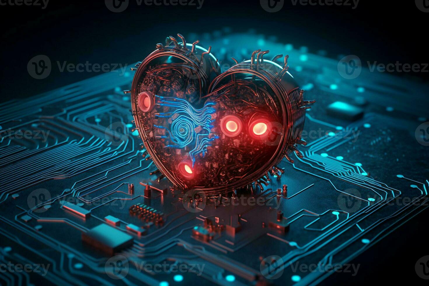 generatief ai. digitaal liefde rood hartvormig computer stroomkring bord foto