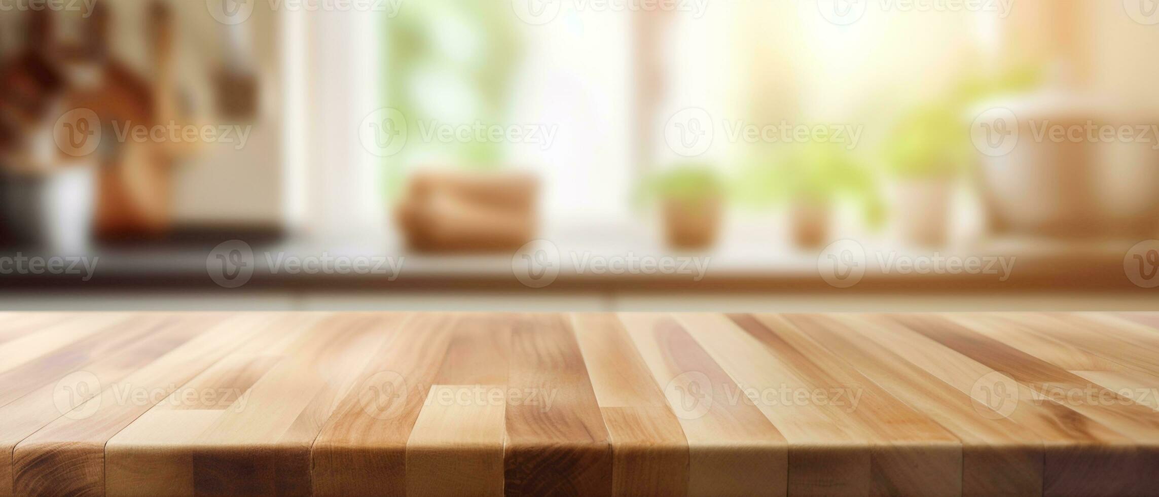 generatief ai. minimalistische elegantie leeg houten tafel in keuken met wazig achtergrond foto