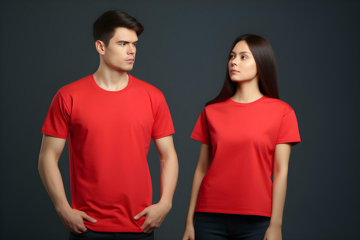 generatief ai. blanco rood t-shirt mockup Aan mannetje en vrouw model- vitrine uw ontwerpen in stijl foto