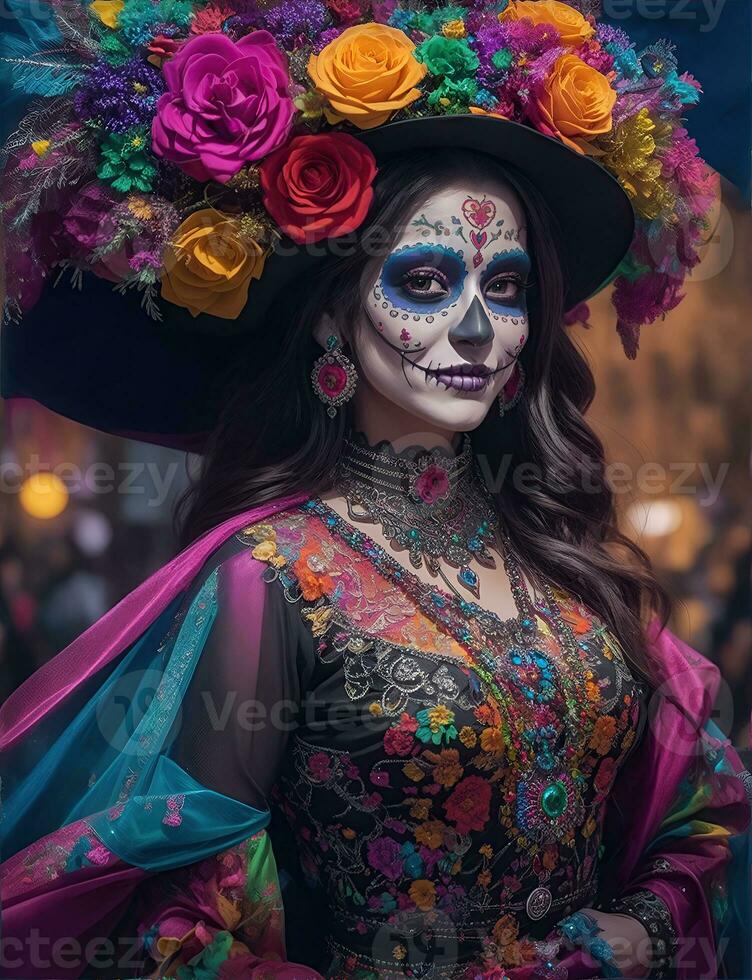 mooi vrouw met geschilderd schedel Aan haar gezicht voor Mexico dag van de dood, ai generatief foto