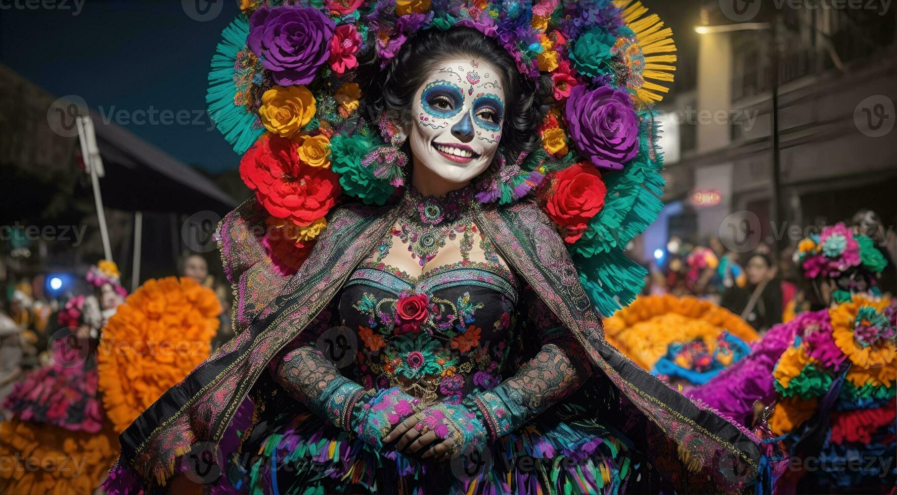 mooi vrouw met geschilderd schedel Aan haar gezicht voor Mexico dag van de dood, ai generatief foto