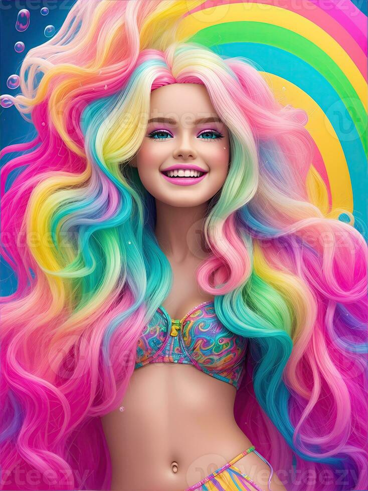 ai generatief, mooi Dames gestileerd Leuk vinden poppen met regenboog kleuren foto