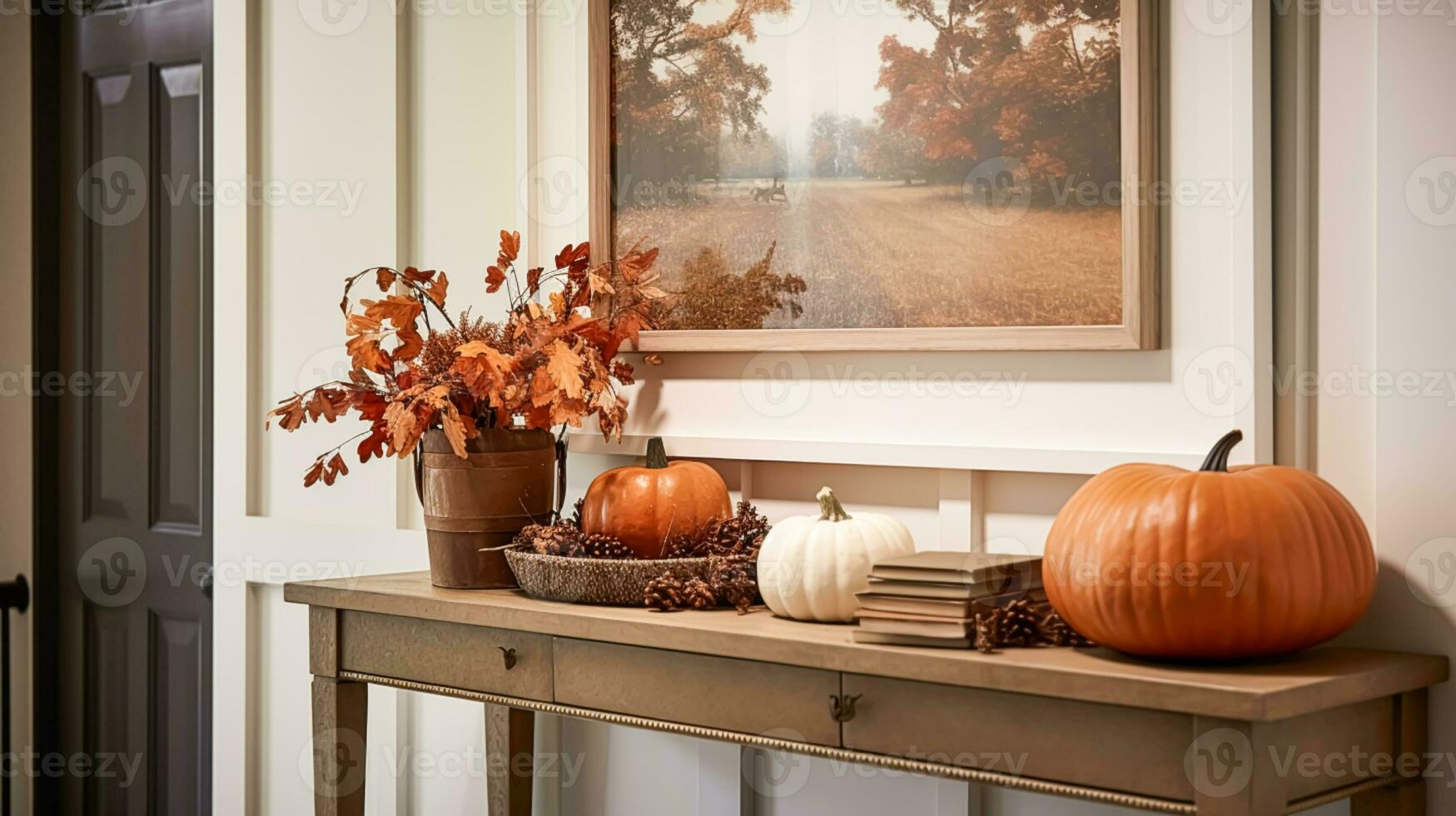 herfst- gang decor, interieur ontwerp en huis decoratie, gastvrij herfst hal meubilair, trap en Ingang hal huis decor in een Engels land huis en huisje stijl foto