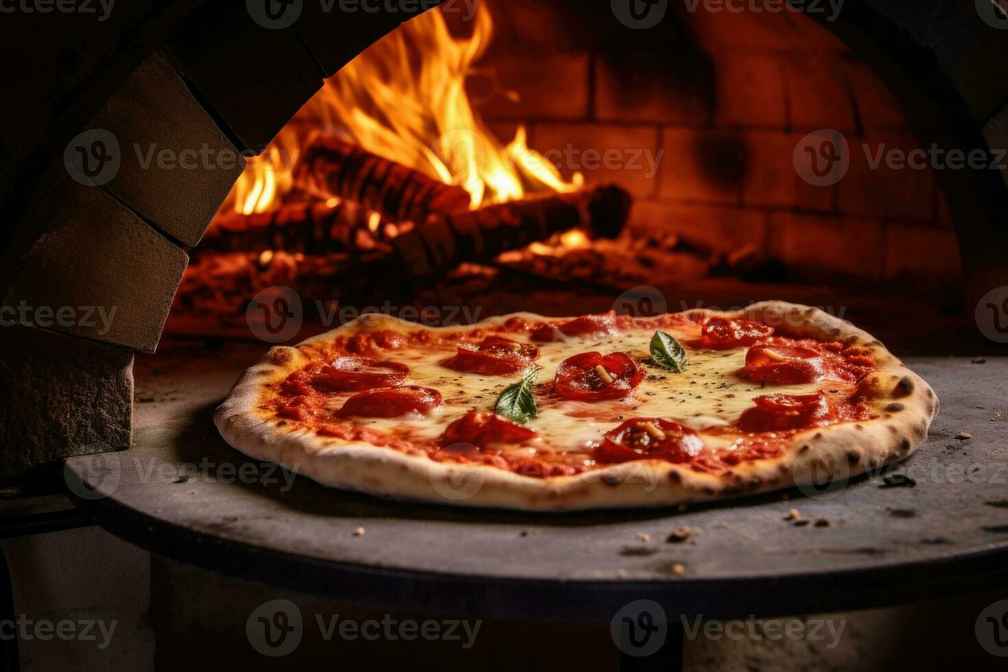 pizza is Koken in traditioneel hout brandend oven. generatief ai foto