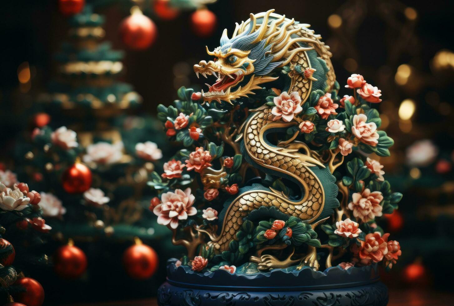Kerstmis boom versierd in de stijl van de jaar van de draak foto
