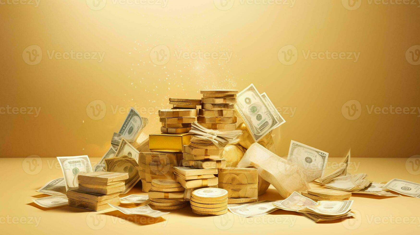 een stapel van geld, munten, goud bars, en een geld zak Aan minimalistische achtergrond, symboliseert welvaart foto