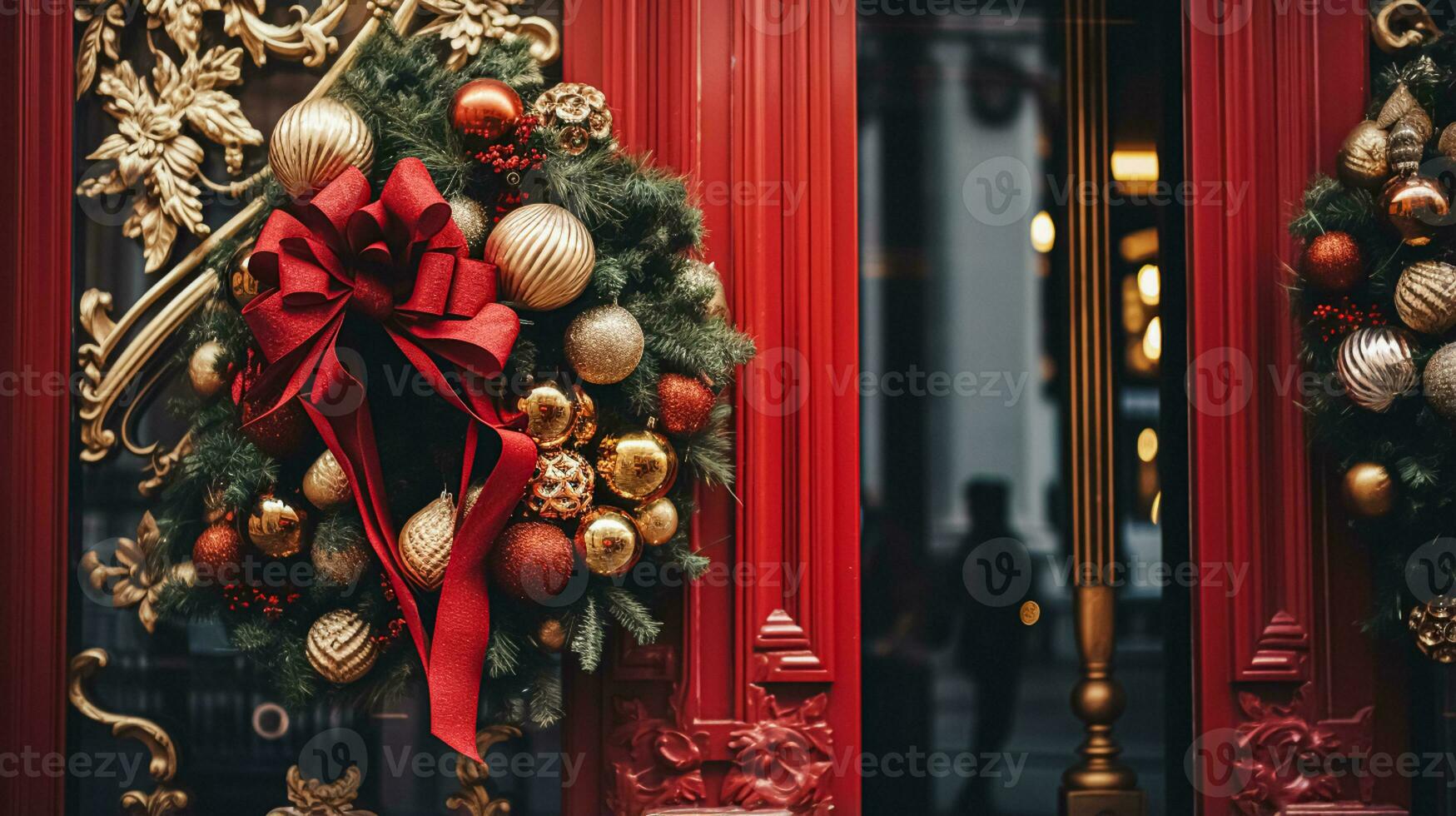 Kerstmis decoratie details Aan Engels gestileerd luxe hoog straat stad op te slaan deur of boodschappen doen venster Scherm, vakantie uitverkoop en winkel decor foto