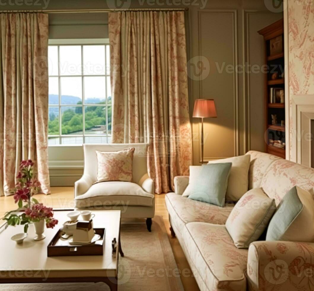 mooi lounge decor, zittend kamer en interieur ontwerp, leven kamer meubilair, bank, gordijnen en huis decor in Engels land huis en elegant huisje stijl, generatief ai foto